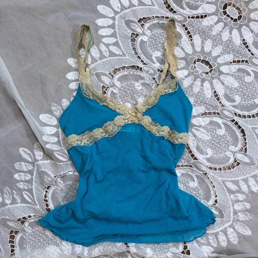 Old Navy Fairy Babydoll Y2K Teal Blue Mesh Lace Trim Cami Top Small